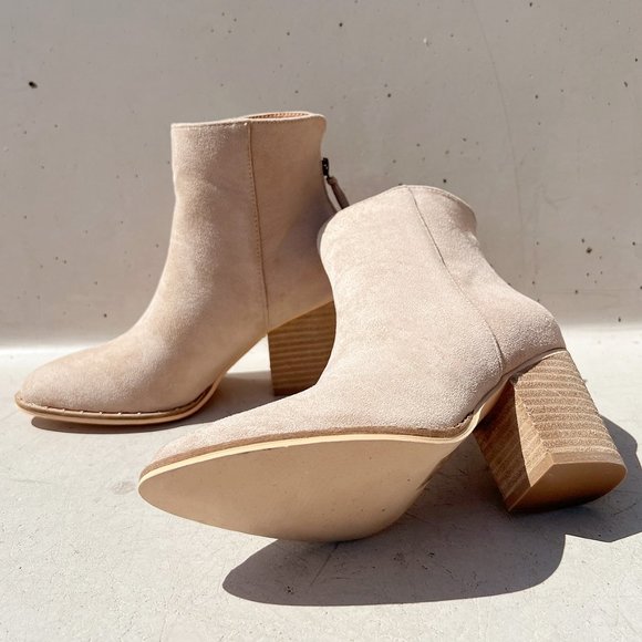 Taupe Faux Suede Pointed Toe Rivet Mini Studded Block Heel Ankle Bootie Boot - Picture 7 of 16